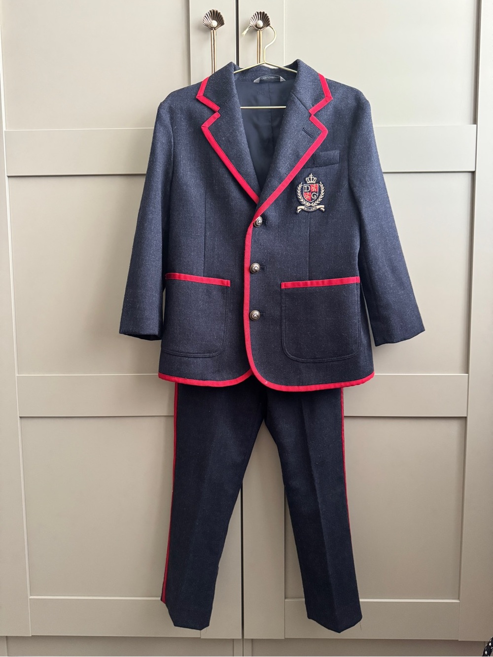 Boys 6 Dolce & Gabbana Navy Blue Suit Red Trim D&G Crest Logo Blazer Trousers